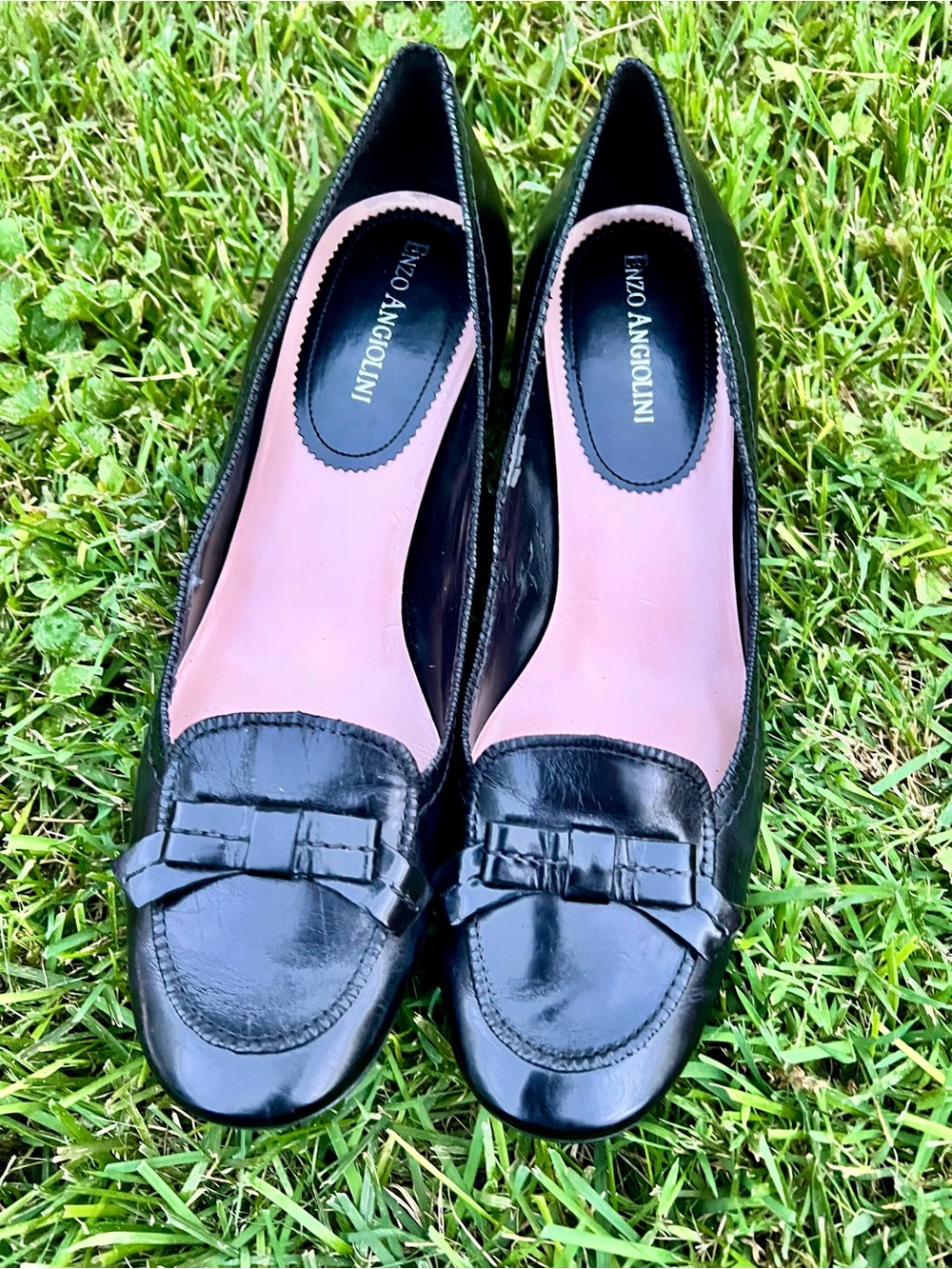 Enzo Angiolini women’s black leather kitten heel loafers BOW pumps 7.5M EA Flexo
